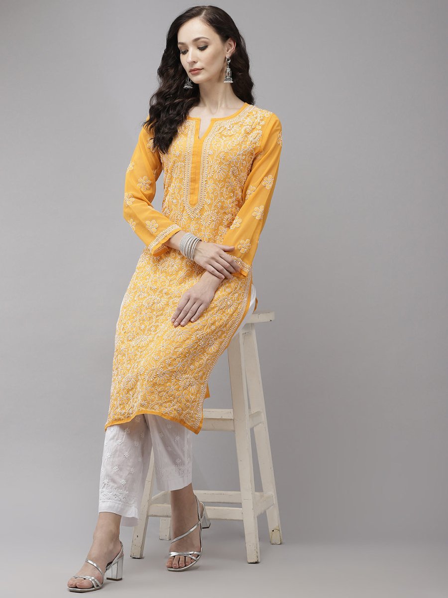 ADA Women Mustard Yellow Embroidered Regular Chikankari Handloom Kurta with Palazzos | Swadesiicart