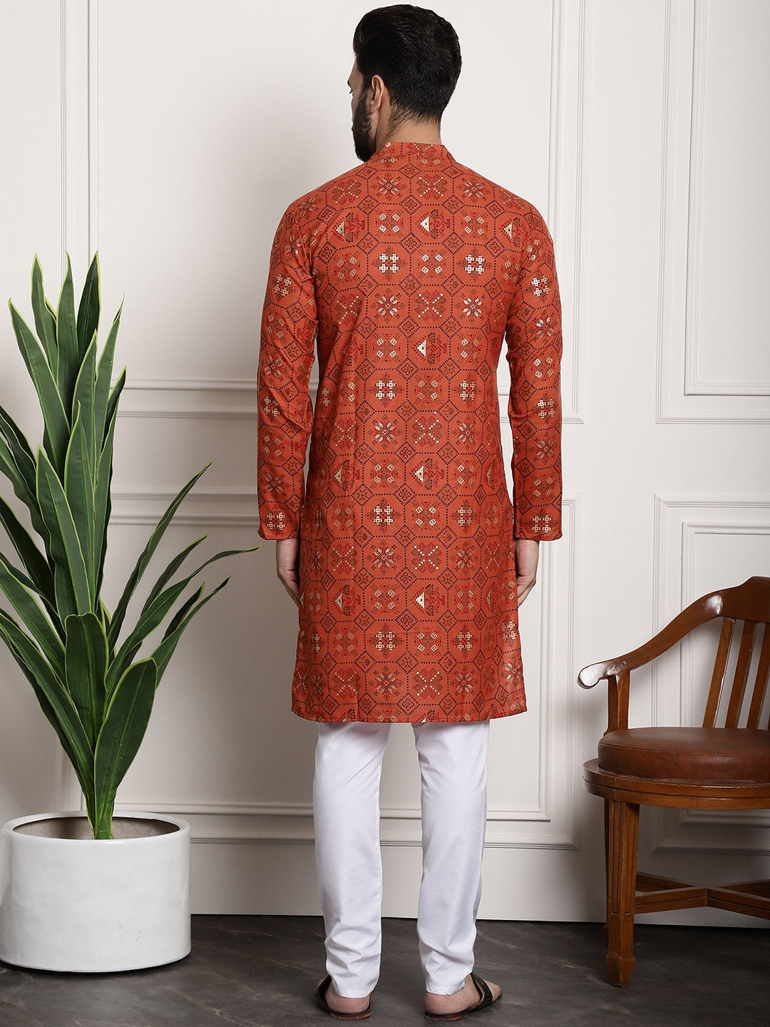 Sojanya Men Orange Printed Cotton Linen Kurta with Churidar | Swadesiicart