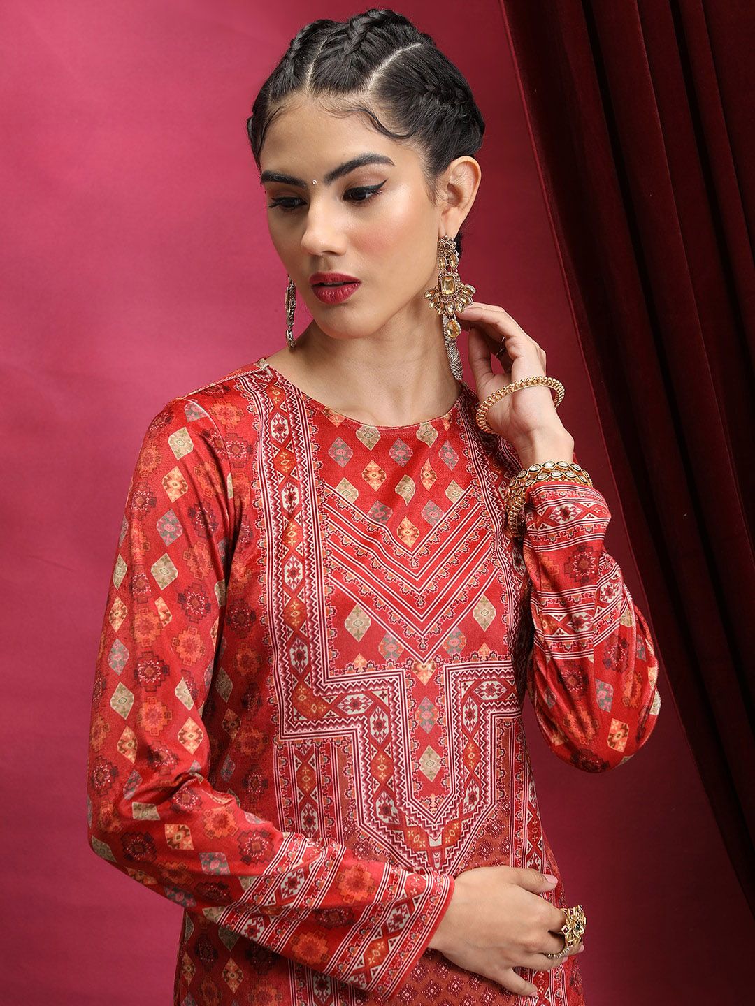 Vishudh Red Ethnic Motifs Printed Neck Straight Kurta - Swadesiicart
