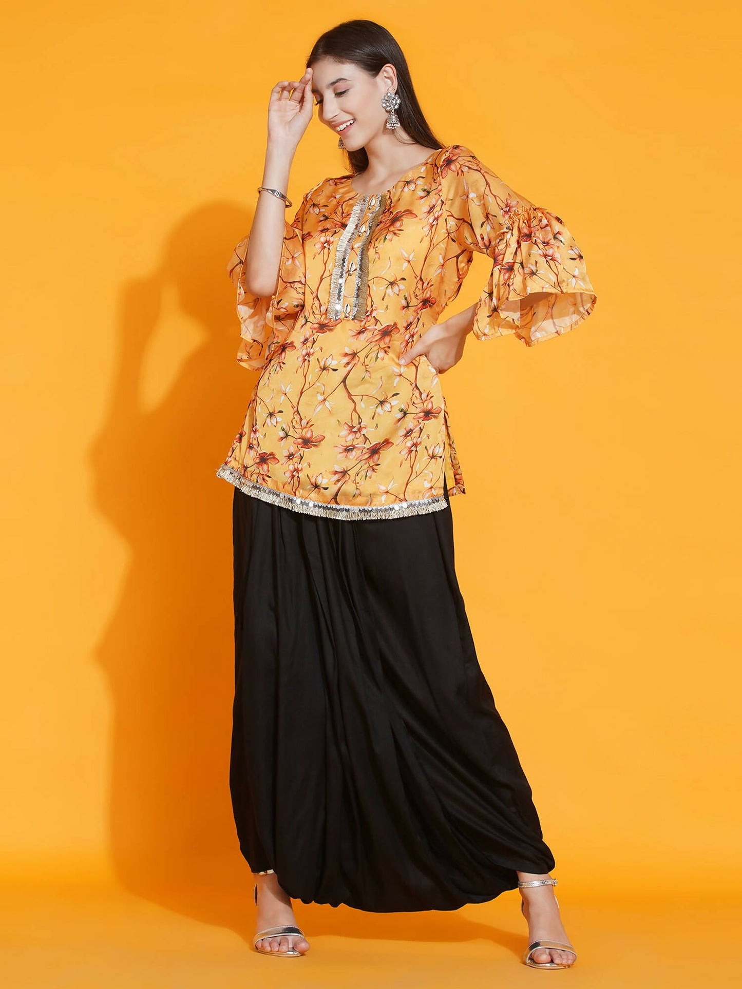 Women Republic Yellow Printed Satin Georgette Shirt With Bell Sleeves And Dhoti | Swadesiicart