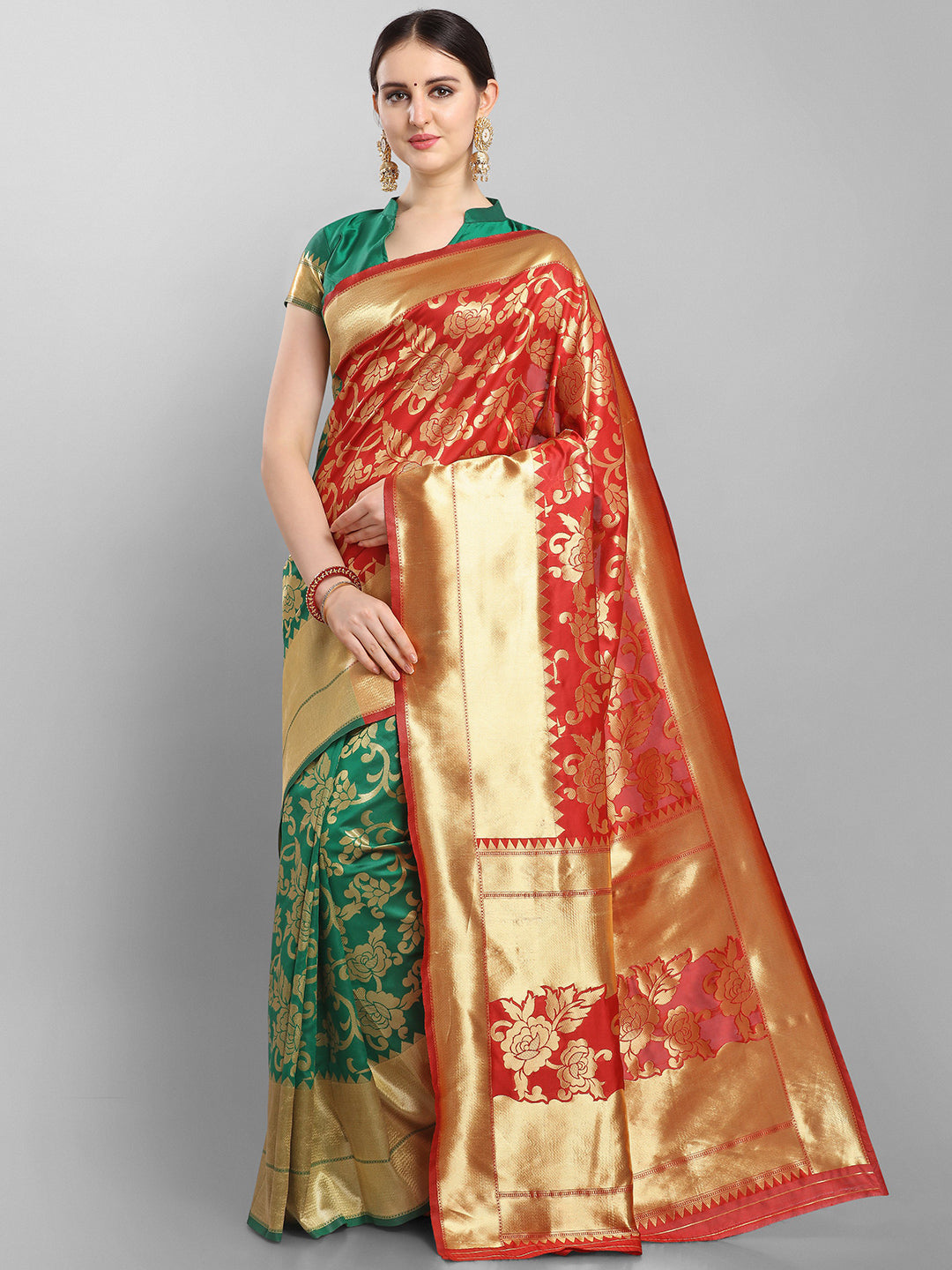 Kalini Red & Green Floral Zari Silk Blend Banarasi Saree | Swadesiicart