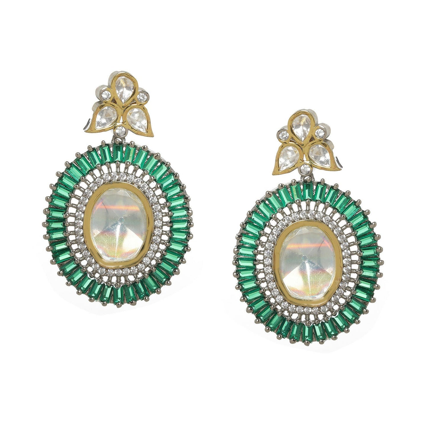 Kundan and Diamond with Green Stones Dangler Earrings (Green) - Ruby Raang | Swadesiicart