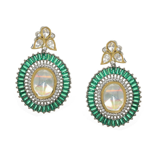 Kundan and Diamond with Green Stones Dangler Earrings (Green) - Ruby Raang | Swadesiicart
