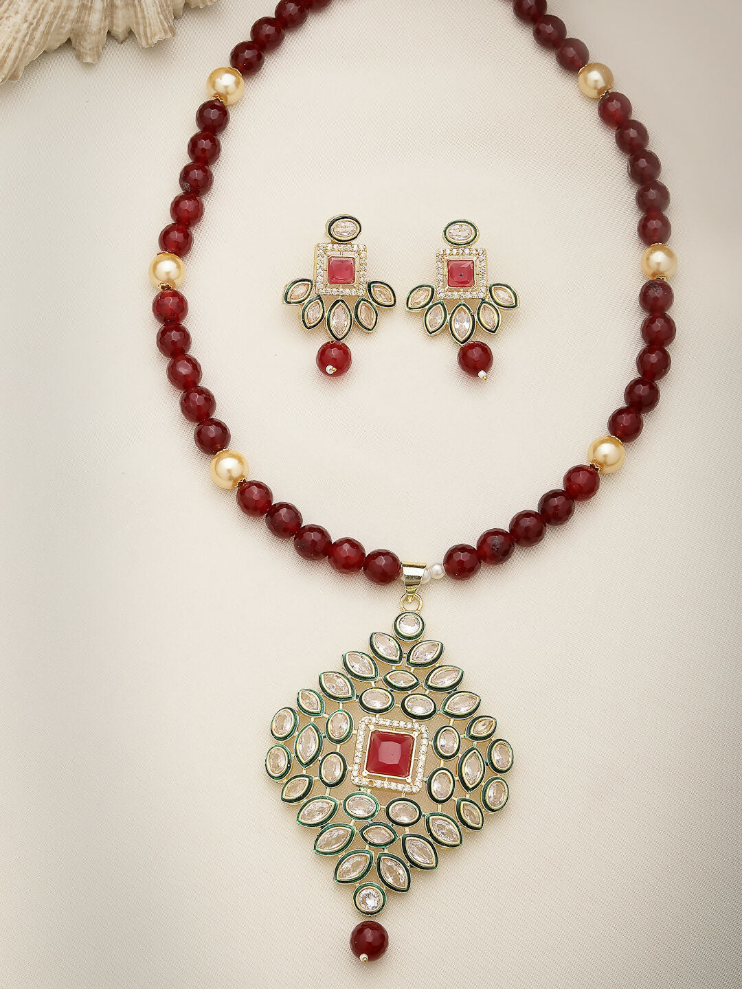 NVR Women's Red Kundan-Studded & Beaded Handcrafted Jewellery Set - Swadesiicart
