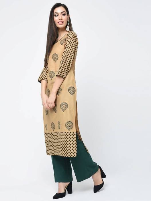 Aniyah Cotton Block Printed Beige Straight Kurta (AN-126K) - Swadesiicart