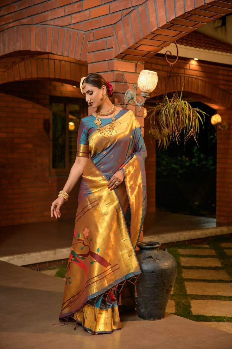 Jyoti Fashion Women's Teal Paithani Silk Zari Woven Saree with Blouse | Swadesiicart