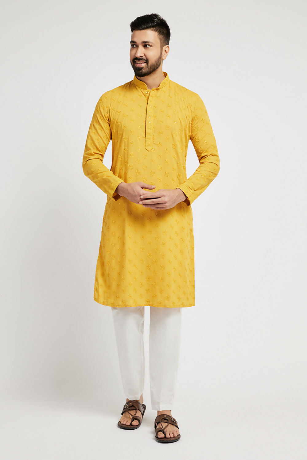 Ethnic India Yellow Men's Kurta Ethnic Motifs Cotton | Swadesiicart