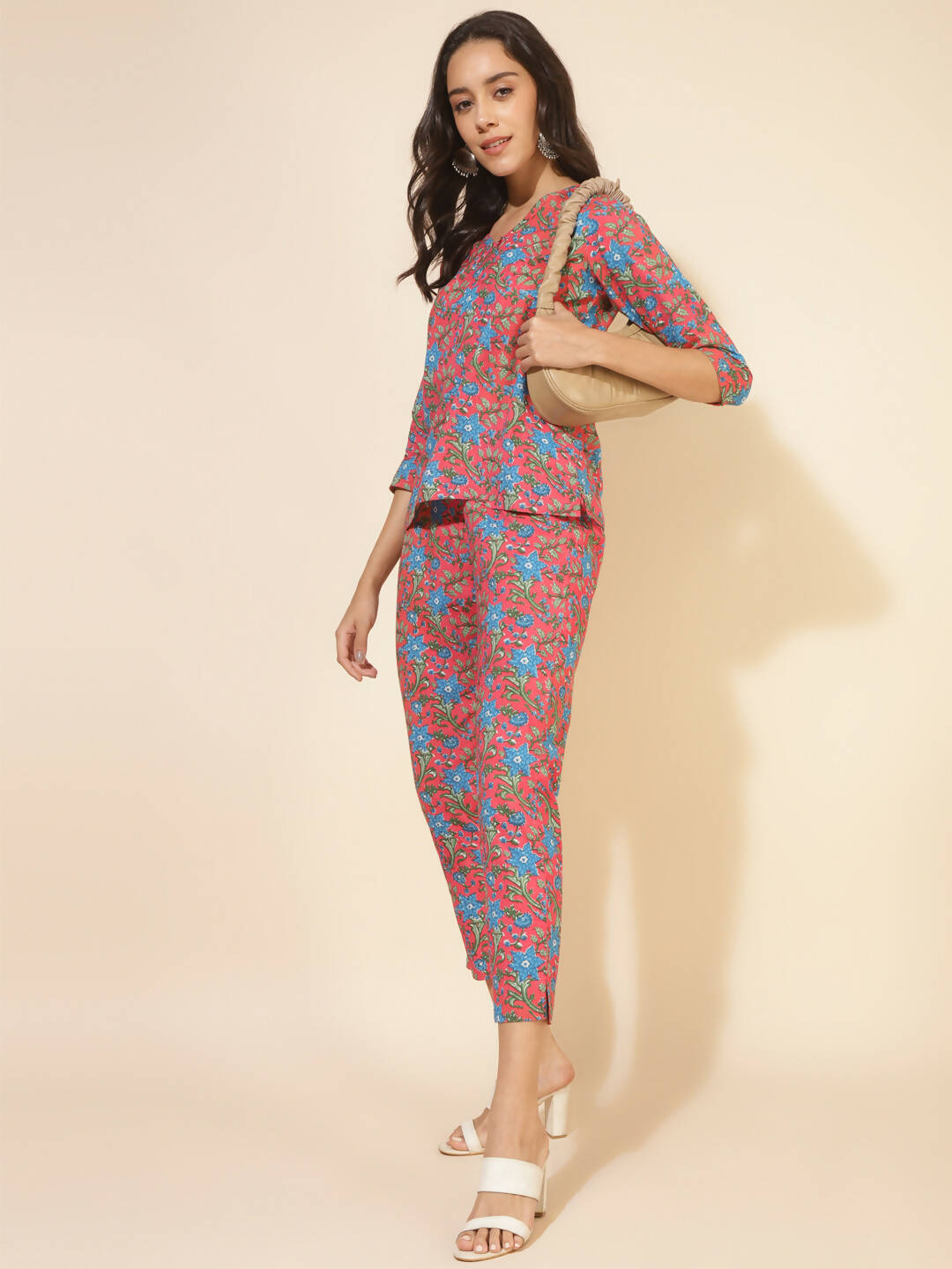 Janasya Women's Pink Cotton Floral Printed Casual Regular Co-ords - Swadesiicart
