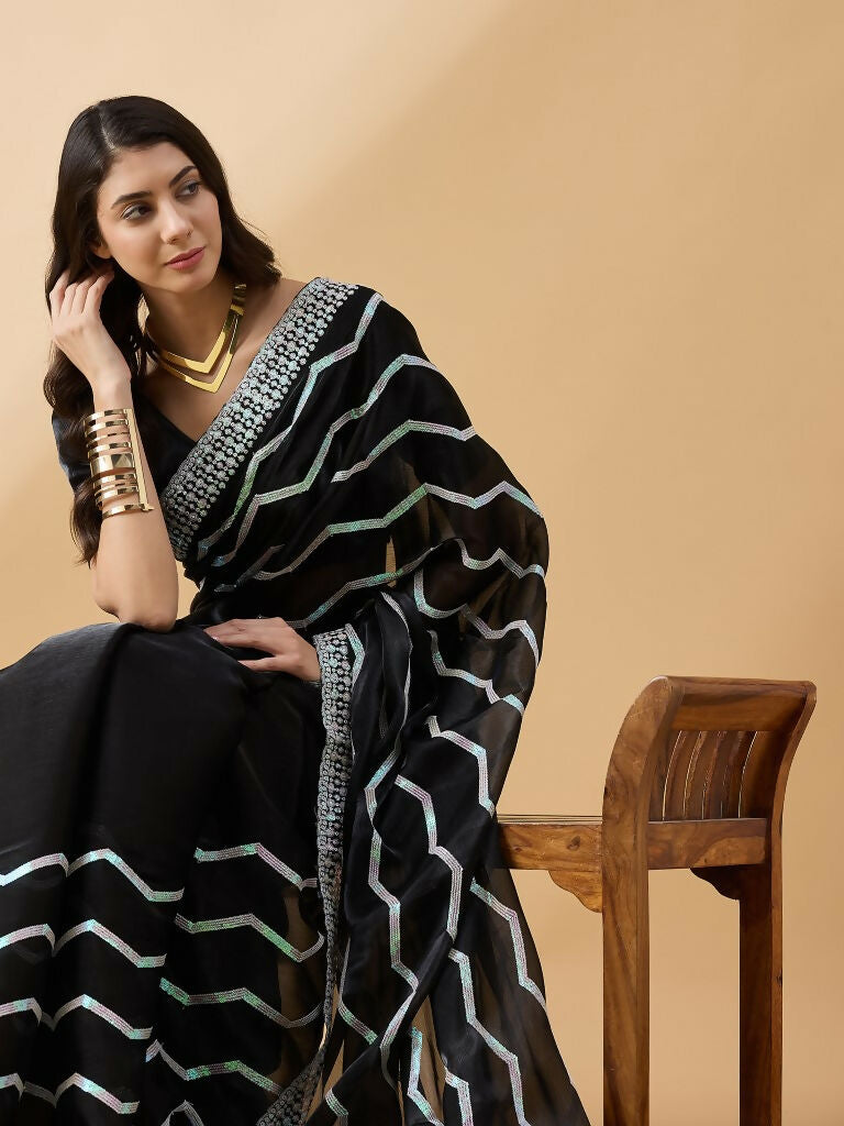 Black Tissue Slub Embroidered Saree with Unstitched Blouse - Vairagi