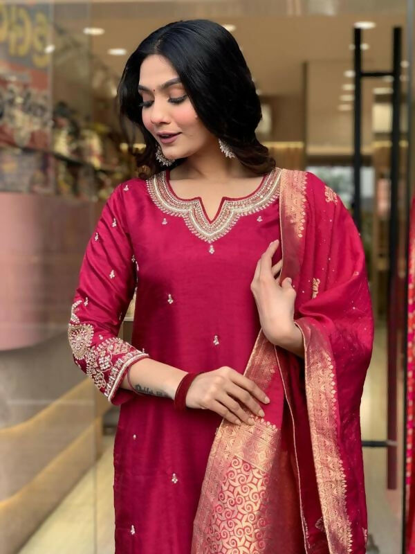 The52 Maroon Beautiful Embroidered Viscose Chanderi Fabric Straight Kurta Pant with Dupatta Set - Swadesiicart