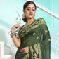Exclusive Collection Beautiful Olive Pure Cotton Woven Handloom Saree With Running Blouse Piece - Swadesiicart