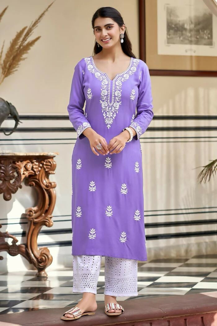 The52 Lavender Women's Gorgeous Chikankari work Pure Rayon Fabric Straight Kurta, Pant Set - Swadesiicart