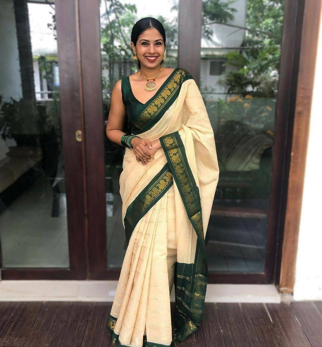 DEIANA'S Beautiful Designer Golden zari Soft Lichi Silk Saree - White - Swadesiicart