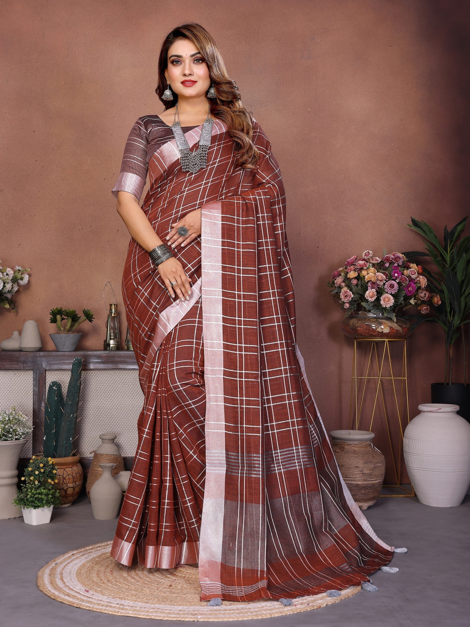Anaita Brown Weaving Linen Cotton Saree With Blouse