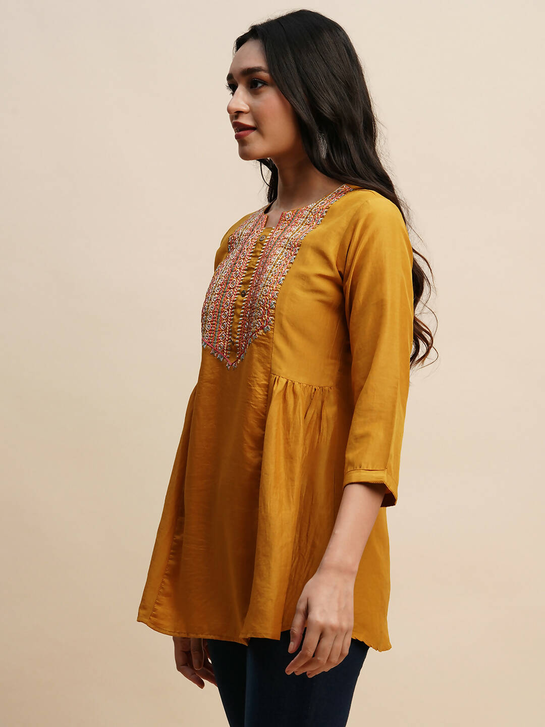 Mustard Chinon Embroidered Top - Tarini - Swadesiicart