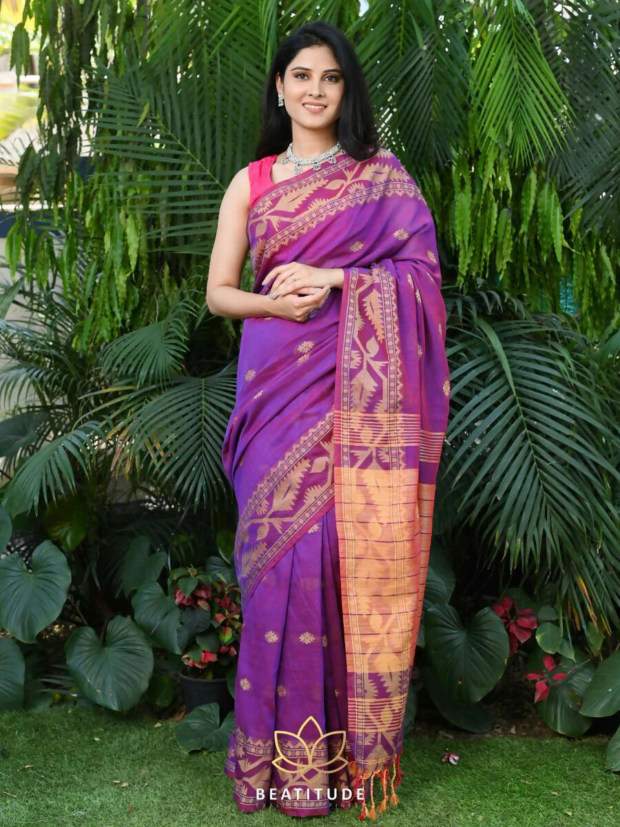 Exclusive Collection Beautiful Violet Pure Cotton Woven Handloom Saree With Running Blouse Piece - Swadesiicart