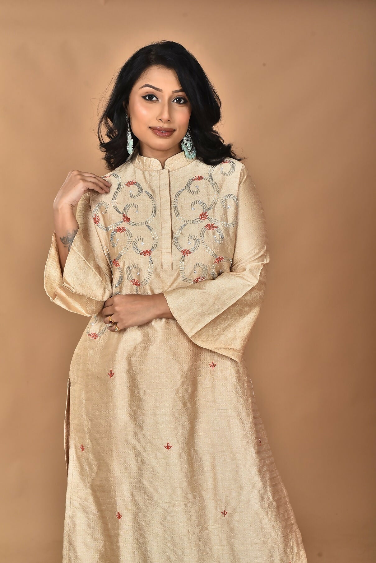 Morchari Women And Hand Embroidery Co-Ord Set-Beige - Swadesiicart