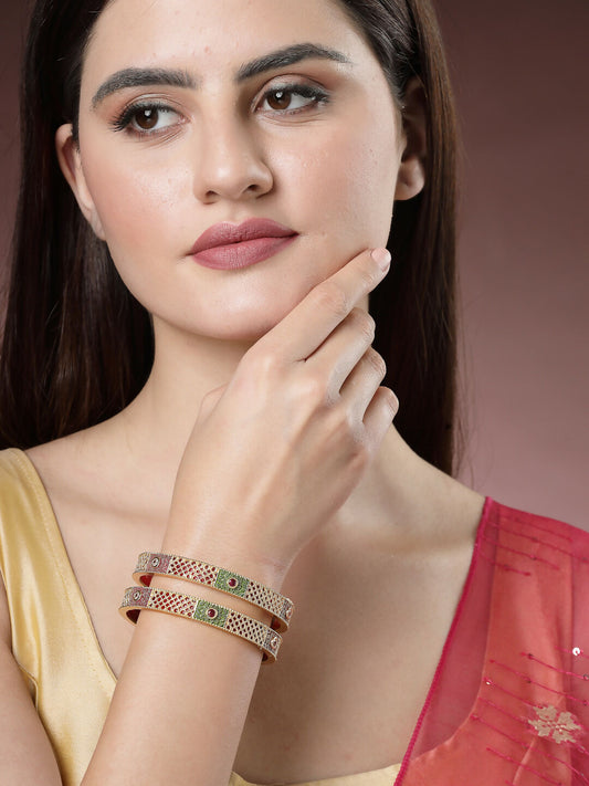 NVR Women's Set Of 2 Gold-Polished Red Kundan Traditional Bangles - Swadesiicart