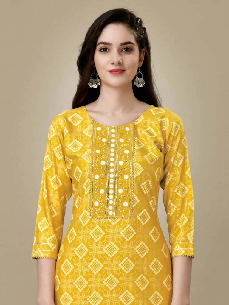 Jyoti Fashion Women's Yellow Rayon Embroidered Kurta Pant Set | Swadesiicart