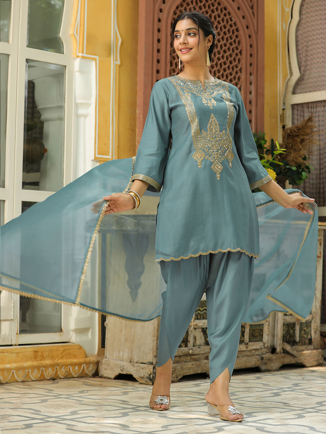 Janasya Light Blue Silk Blend Solid Kurta,Bottom & Dupatta | Swadesiicart