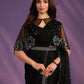 Black Crepe Satin Silk Embroidered Saree With Stitched Blouse - Mohmanthan Exotica