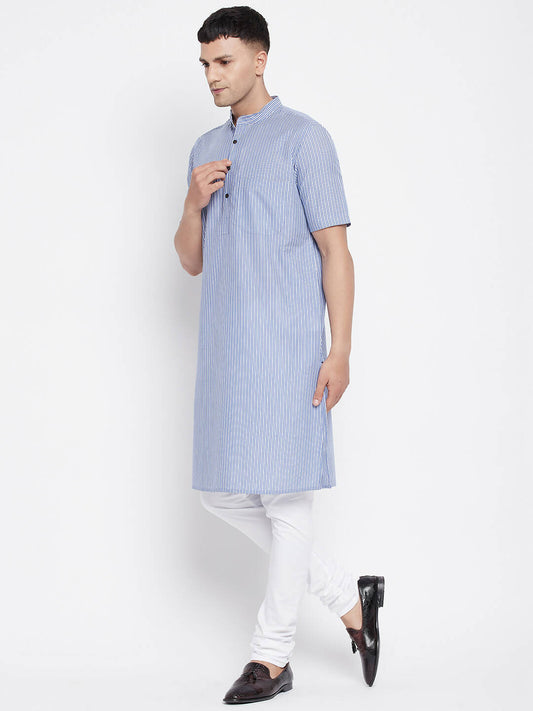 Even Apparels Blue Men's H/S Pure Cotton Kurta With Band Collar | Swadesiicart