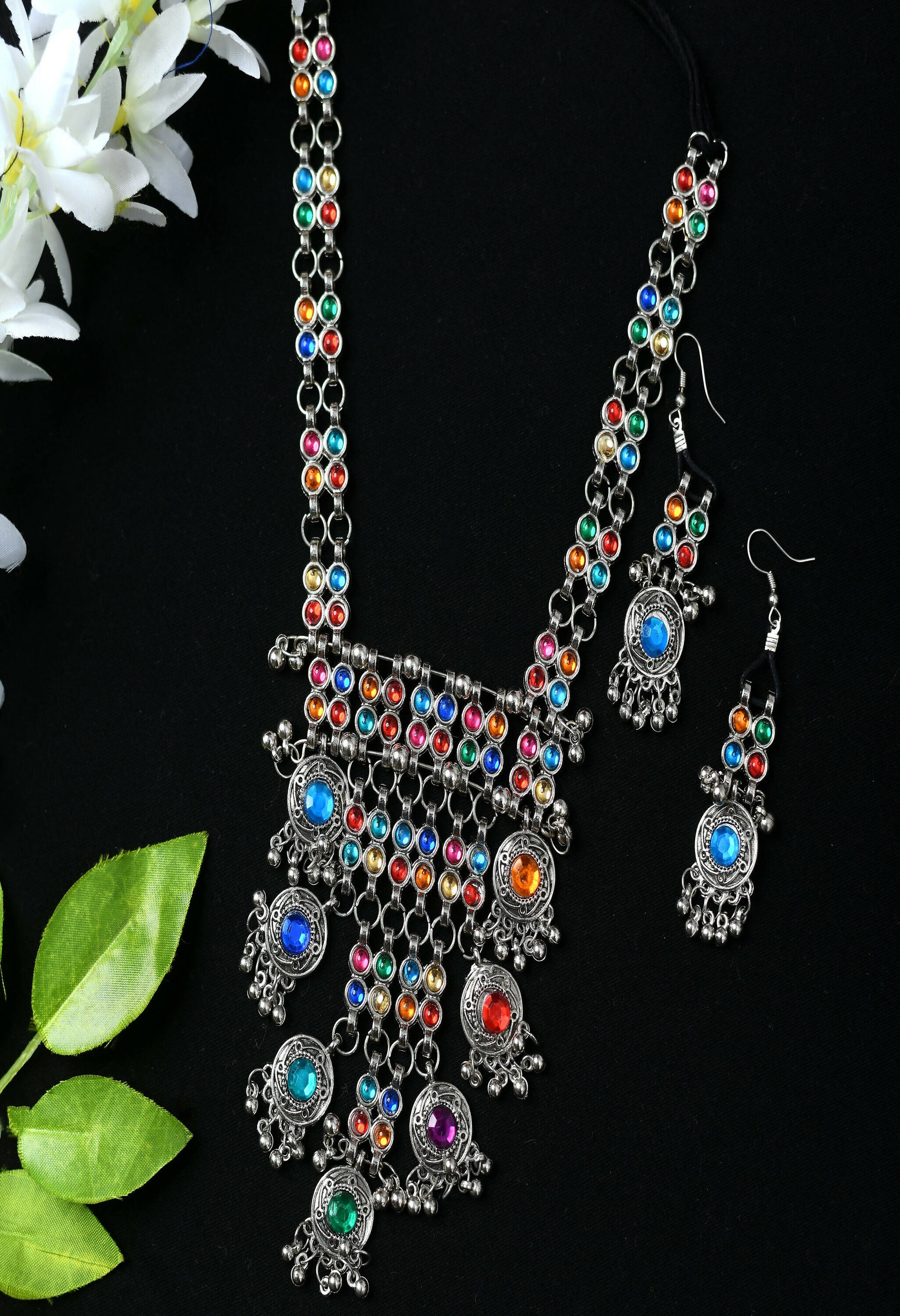 Mominos Fashion Johar Kamal Oxidised Silver-Plated Brass Finish Multi Kundan Afghani Long Necklace For Women | Swadesiicart