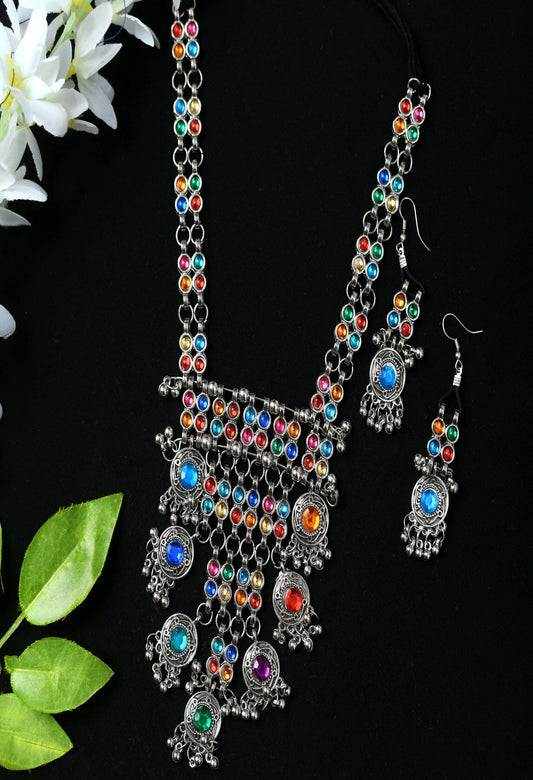 Mominos Fashion Johar Kamal Oxidised Silver-Plated Brass Finish Multi Kundan Afghani Long Necklace For Women | Swadesiicart