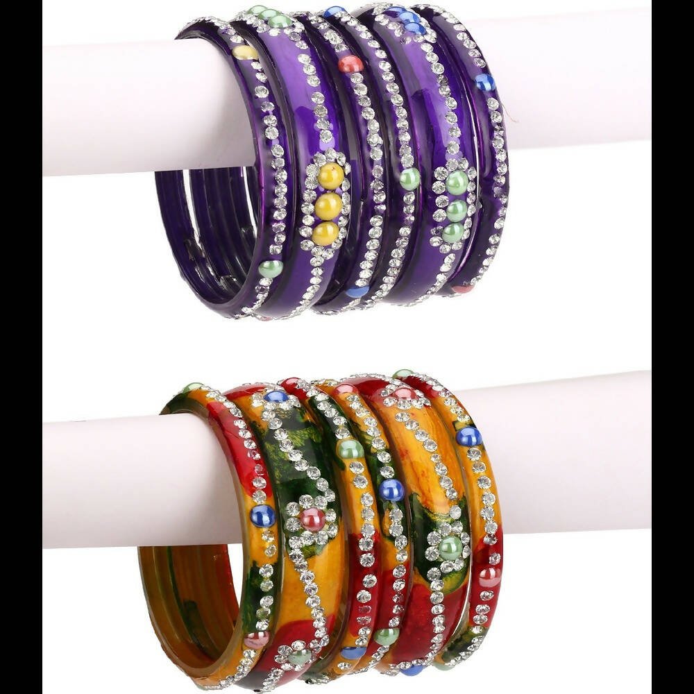 Afast Bridal Wedding & Party Fashionable Colorful Glass Bangle/Kada Set, Pack Of 12 - Yellow, Blue - Afast Enterprises