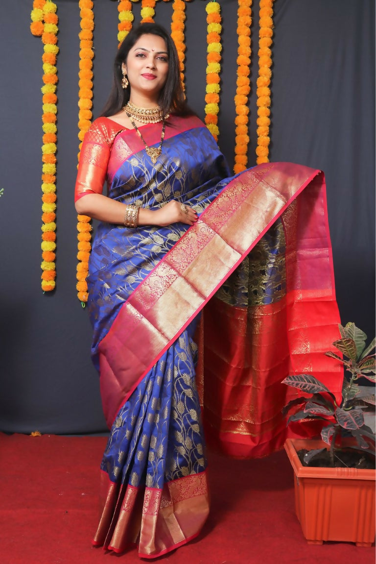Jyoti Fashion Women's Blue Kanjivaram Silk Zari Woven Saree with Blouse | Swadesiicart