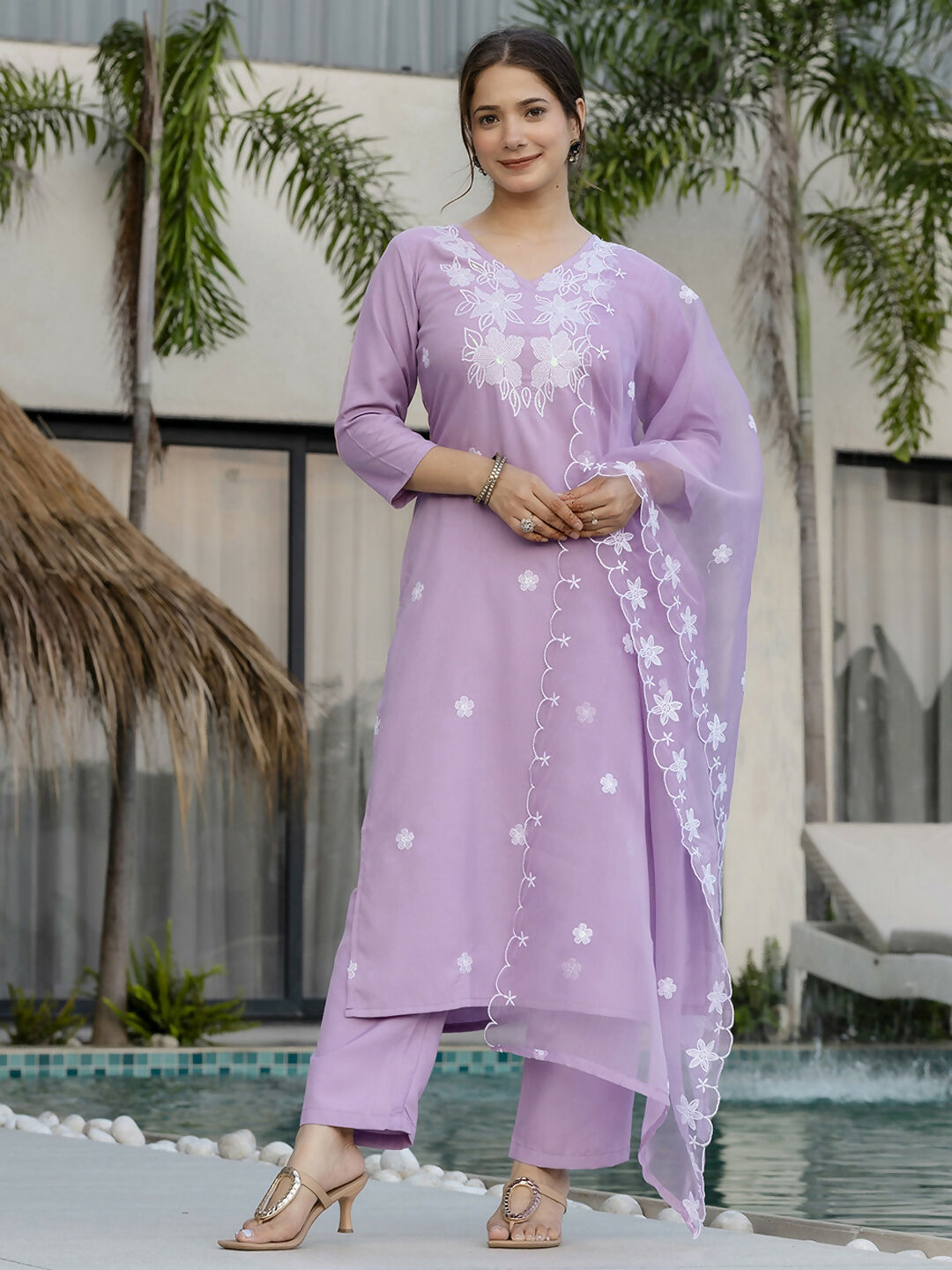 The52 Lavender Women's Beautiful Thread work Rayon Fabric with Straight Kurta, Pant and Dupatta Set - Swadesiicart