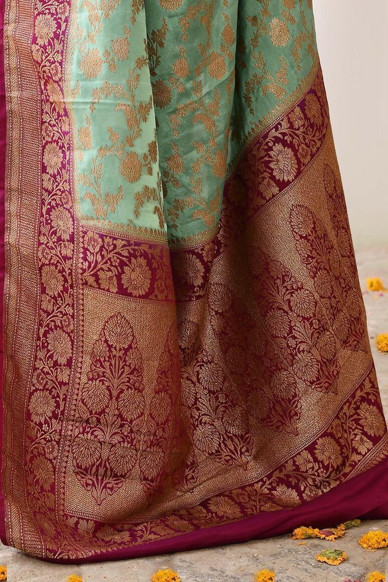 Joban Fashion Aqua Crepe Chiffon Pure Handloom Banarasi Silk Saree | Swadesiicart