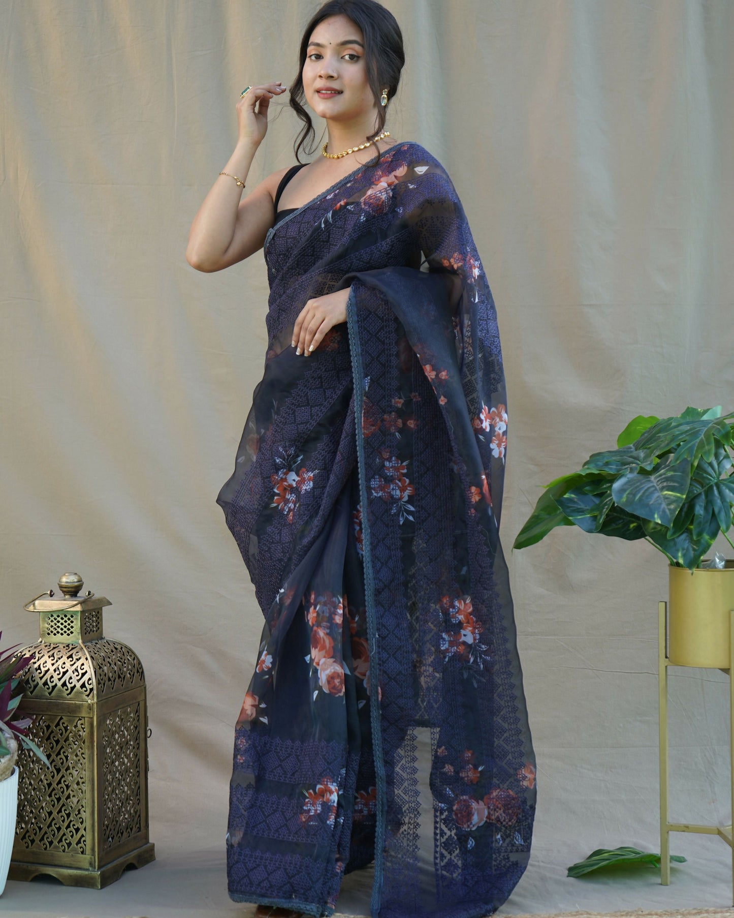 Vamsee Nitya Navy Blue Organza Saree - Swadesiicart