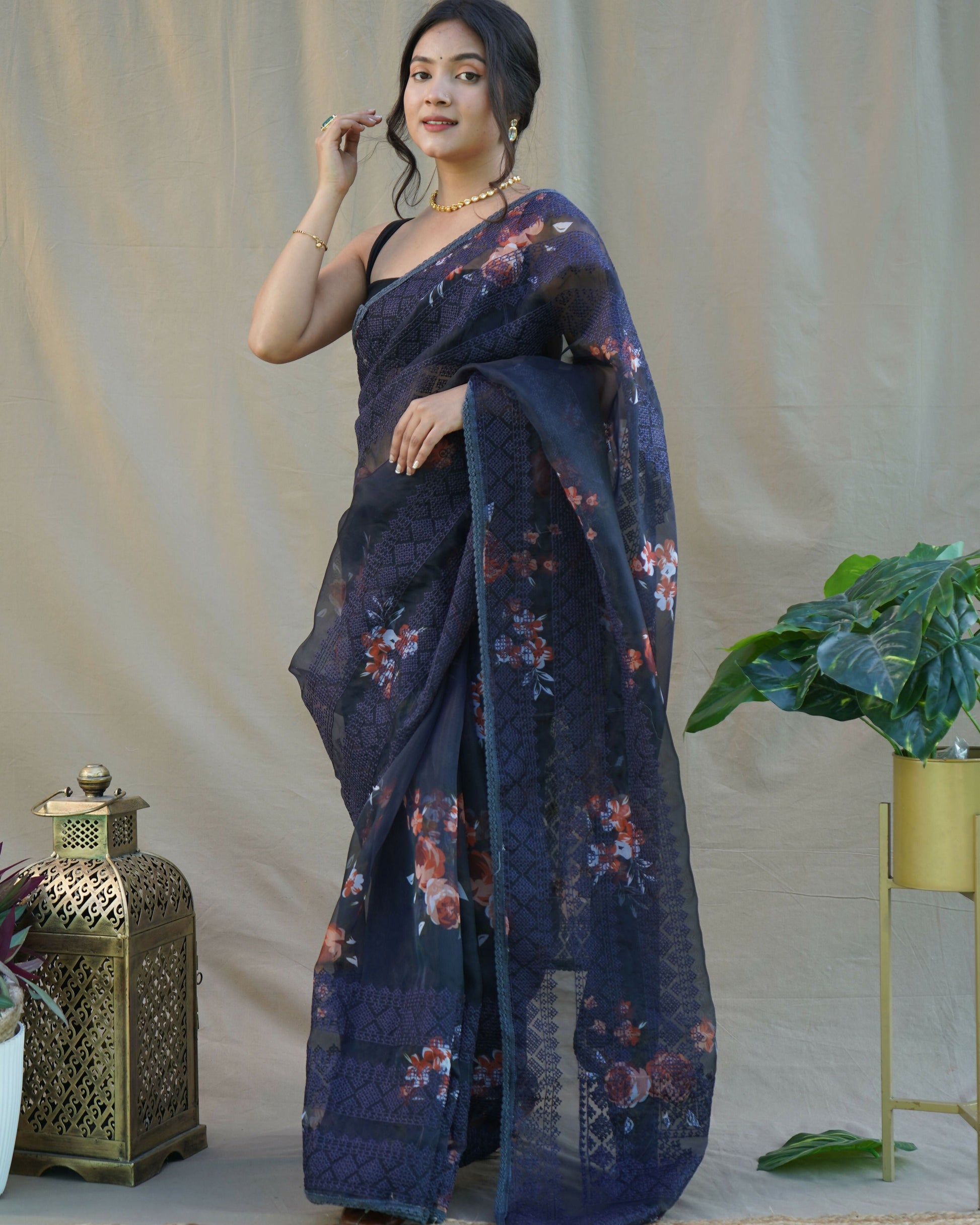 Vamsee Nitya Navy Blue Organza Saree - Swadesiicart