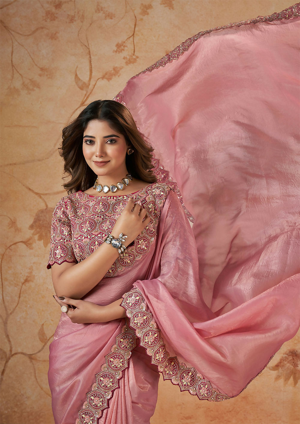 Pink Banarasi Crush Silk Thread, Sequence, Cord and jari Embroidered with Stone Work Saree - Mohmanthan Dakshika | Swadesiicart