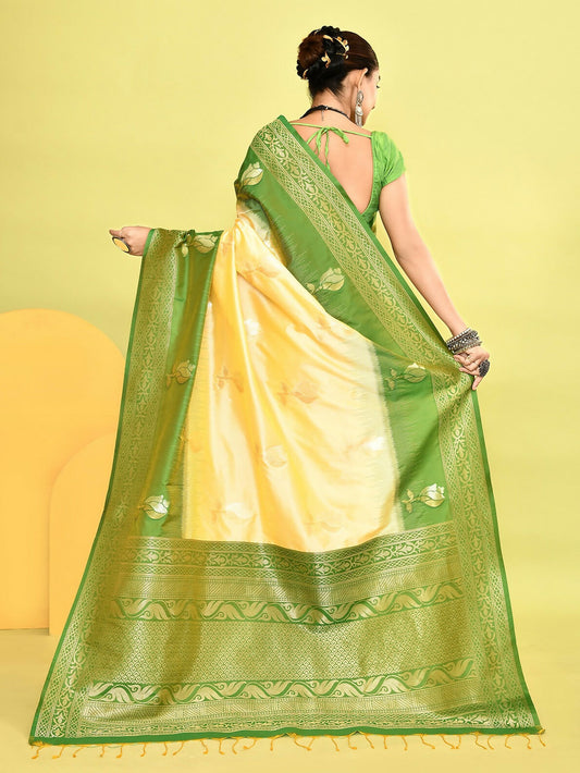 Joban Fashion Light Yellow & Parrot Green Plain With Weaving Border Banarasi Silk Sarees | Swadesiicart