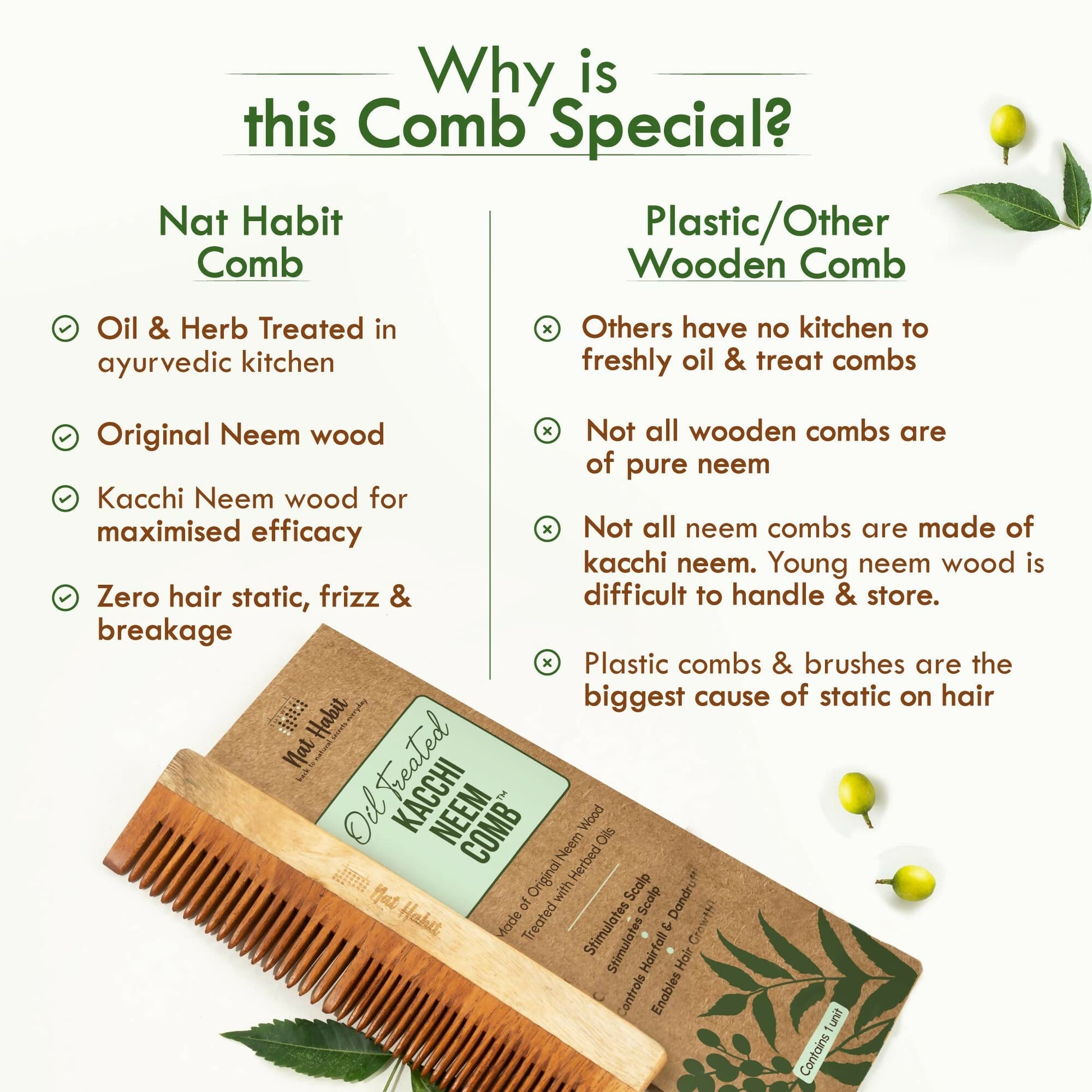 Nat Habit Kacchi Neem Wooden Comb - Soaked In 13 Herbs, Neem & Sesame Oil For Multi-Actions - Swadesiicart