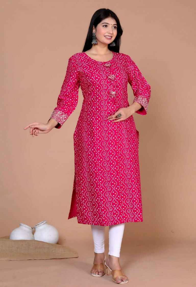 Miravan Women's Plus Size Pink Bandhani Pakistani Straight Kurti - Swadesiicart