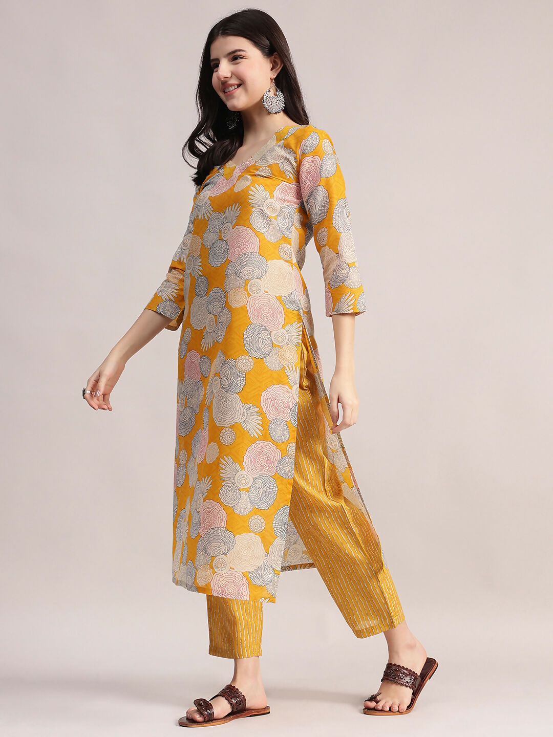 Aavyora Women Yellow Floral Printed Kurta with Striped Pants & Dupatta Set - Swadesiicart