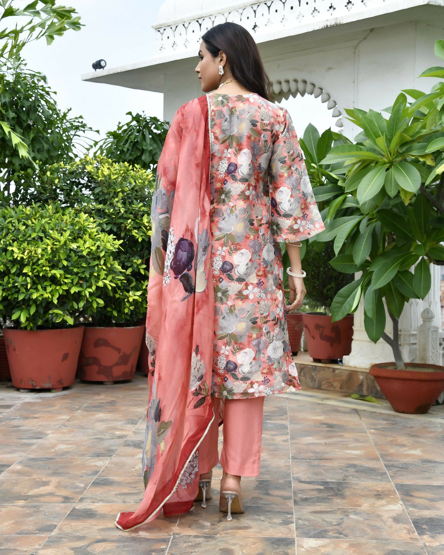 Vaasva Women's Rust Tissue Gota Embroidered Suit Set With Solid Pant And Embroidered Dupatta | Swadesiicart