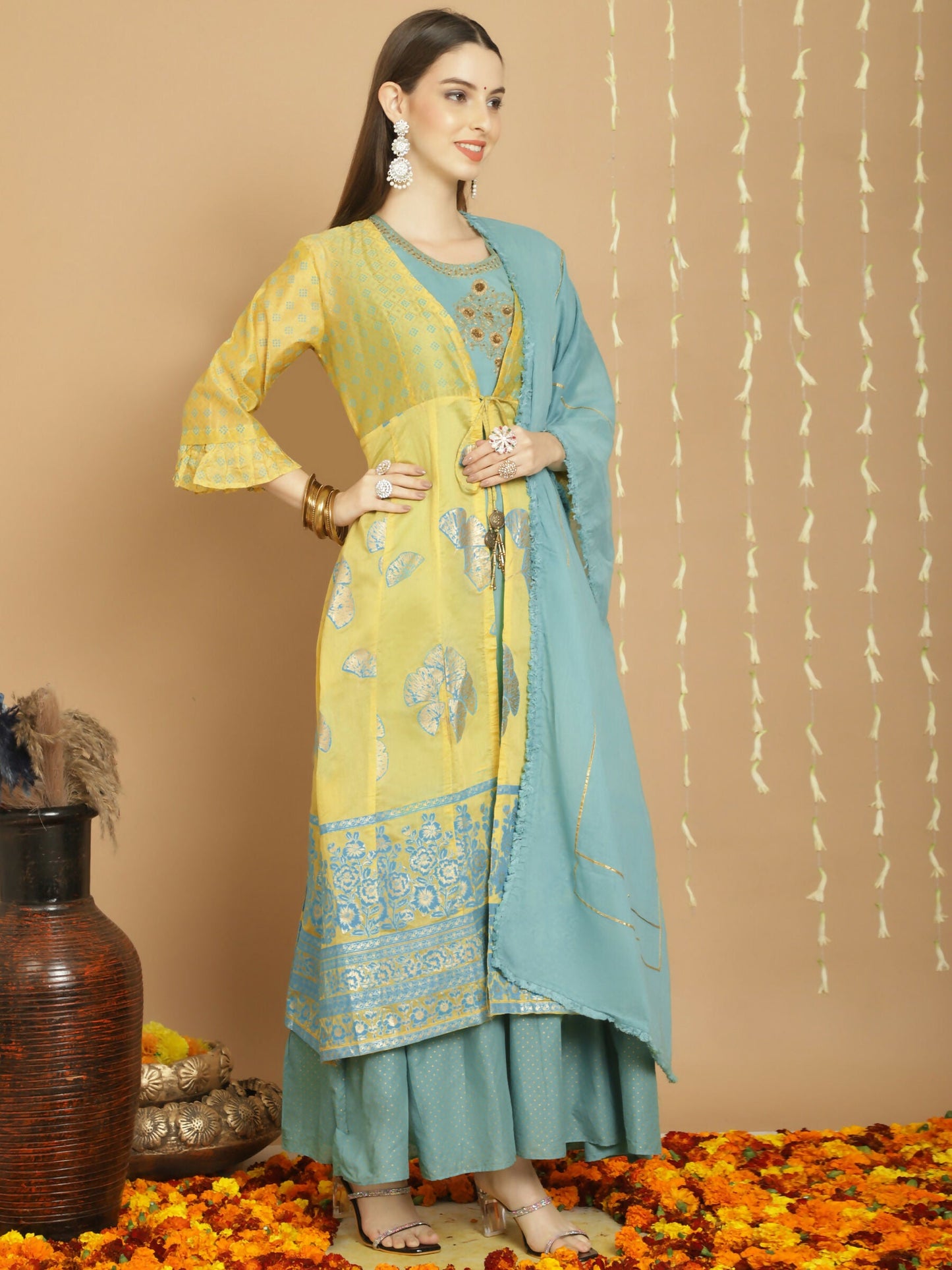 Jyoti Fashion Women's Yellow Chanderi Silk Elegant Jardoshi Kurta with Trouser & Dupatta | Swadesiicart