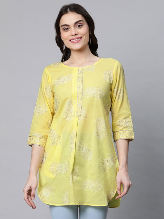 Ahalyaa Women Yellow Pure Cotton Glitter Print Tunic | Swadesiicart
