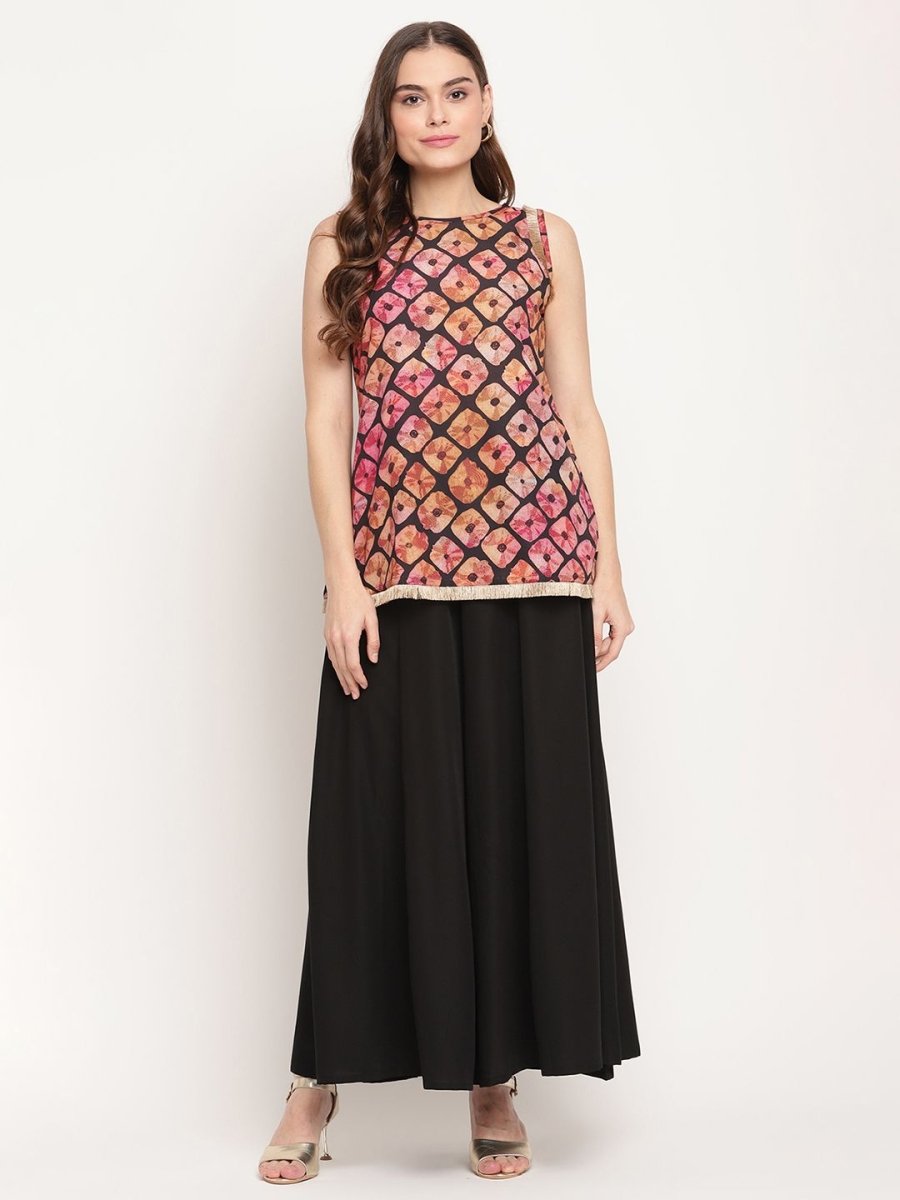 Ahalyaa Women's Black Crepe Digital Shibori Print Top Palazzo Set | Swadesiicart