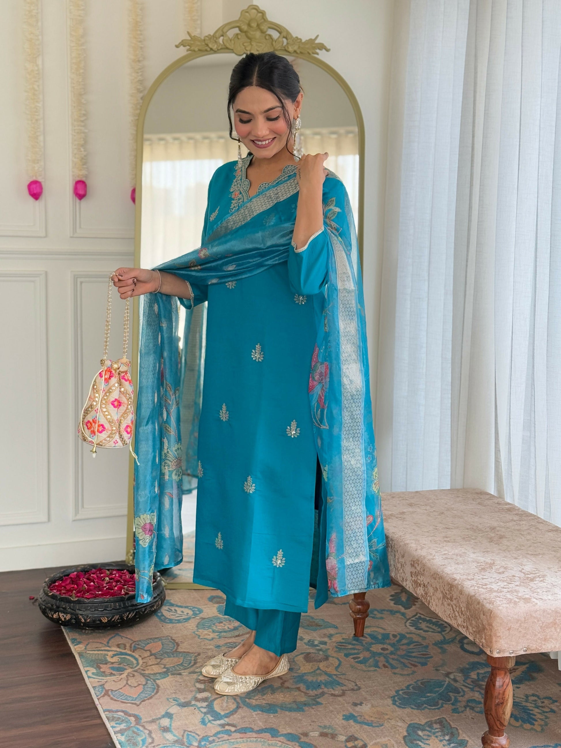 The52 Blue Women's Gorgeous Viscose Fabric Embroidered Work Straight Kurta, Pant and Dupatta Set - Swadesiicart