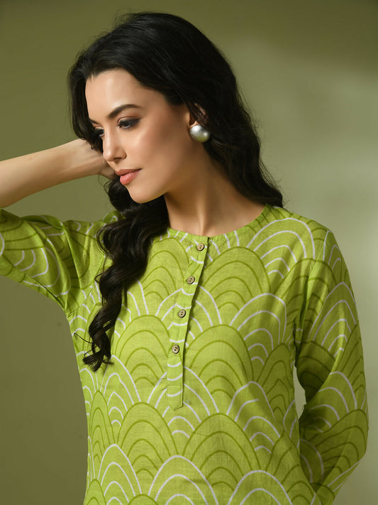 Myshka Women's Green Printed Cotton Round Neck Party Tunic With Trousers Co-ord set - Swadesiicart