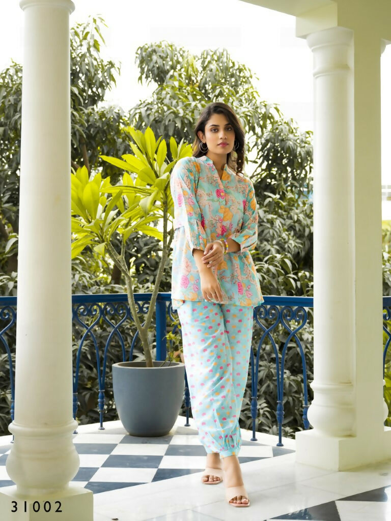 Casual Fashionable Multi Muslin Cotton co-ord set - Manya - Swadesiicart