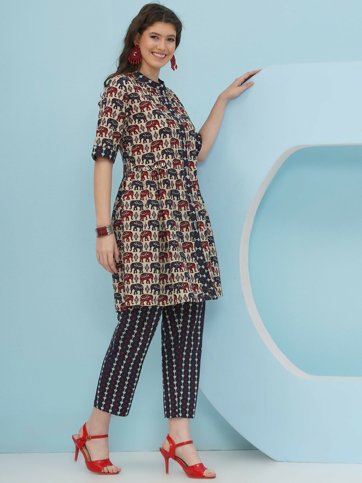 Joban Fashion Elephant Printed Co Ord Set - Beige - Swadesiicart