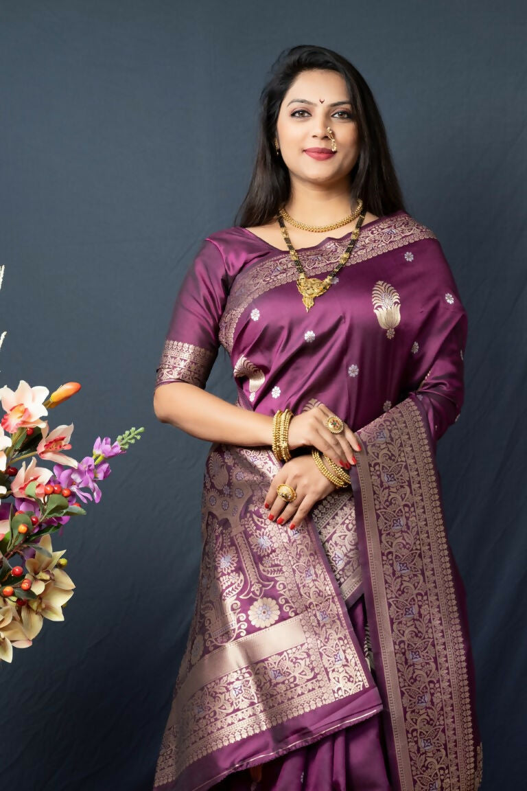 Jyoti Fashion Women's Wine Paithani Silk Zari Woven Saree with Blouse | Swadesiicart