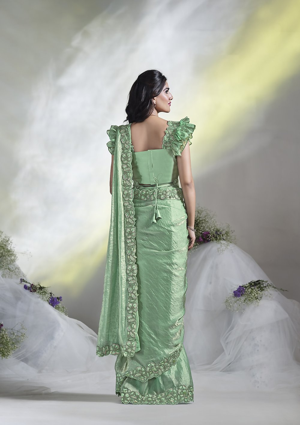 Sea Green Two Tone Satin Silk Designer Ready to wear saree with stithced Blouse - Mohmanthan Aura | Swadesiicart