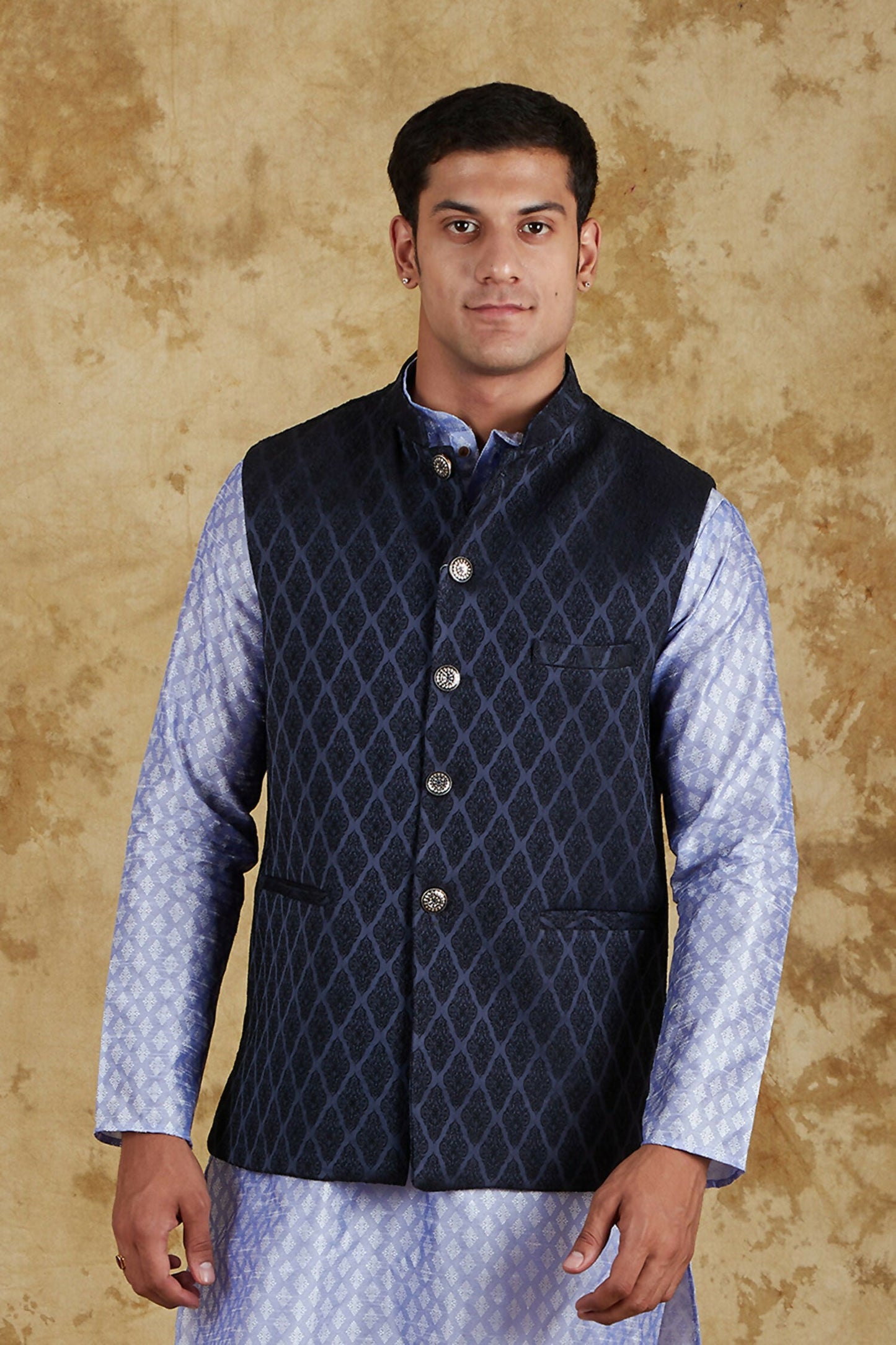 Bluesaanchi Men's Jacquard Prussian Blue Waistcoat | Swadesiicart